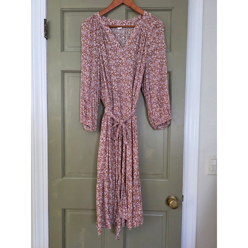 Gap Floral Tiered Midi Dress XL Cottagecore Boho Fall Long Sleeve Split Neck